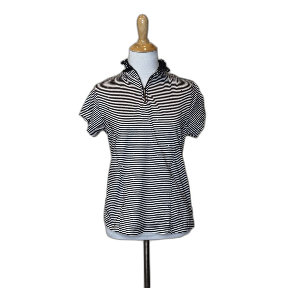 Jamie Sadock Black White Striped Golf Quarter Zip Polo Shirt Collard Bejewled S